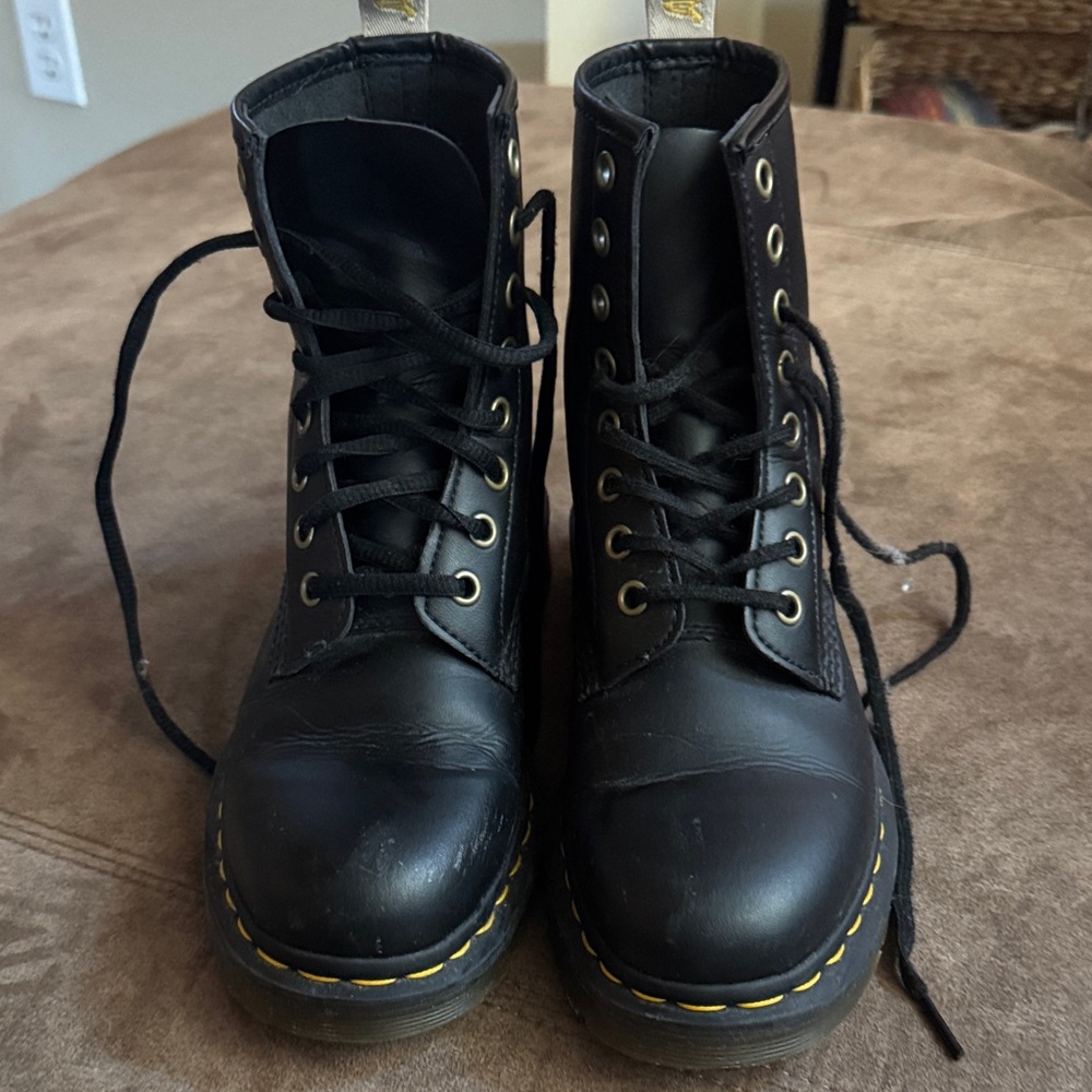 Black Leather Combat Boots with Yellow Stitching Accent